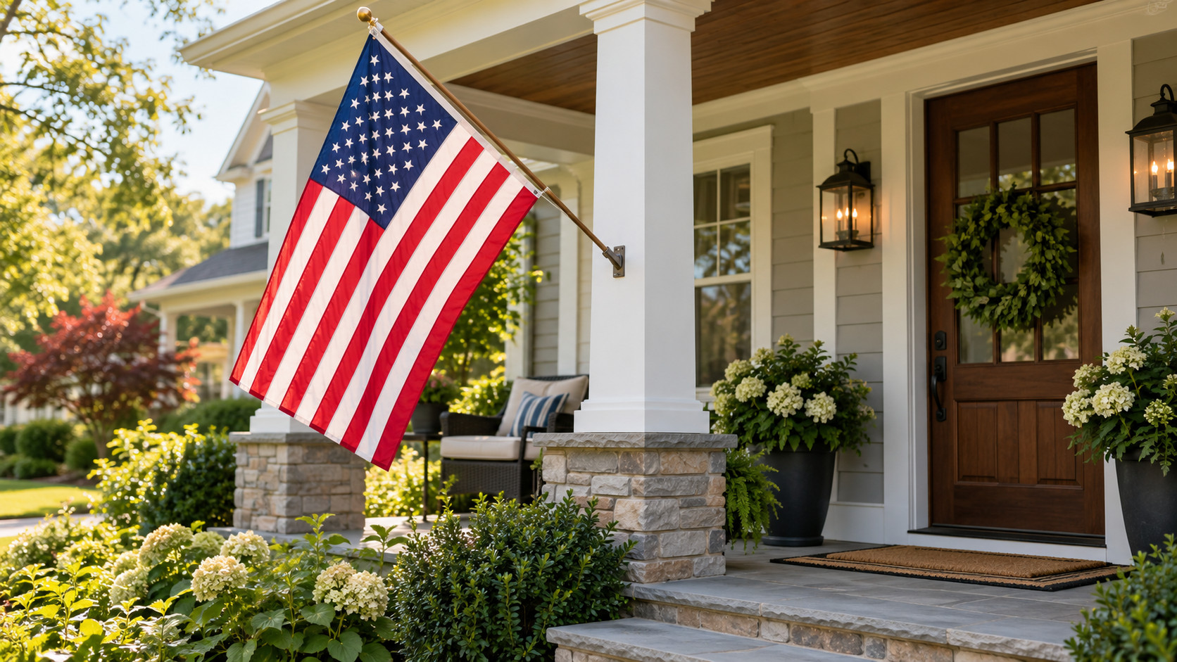 American flag properly displayed from a residential front porch