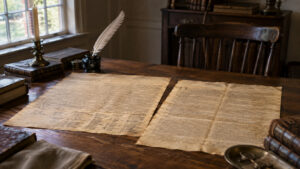 Historic Declaration of Independence and United States Constitution documents displayed together on a wooden table