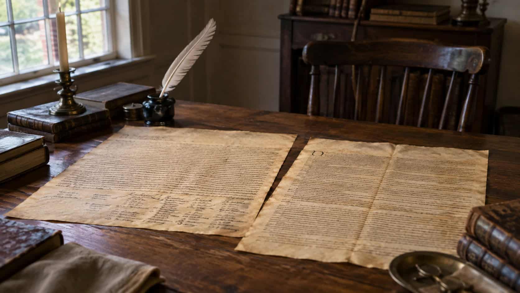 Historic Declaration of Independence and United States Constitution documents displayed together on a wooden table