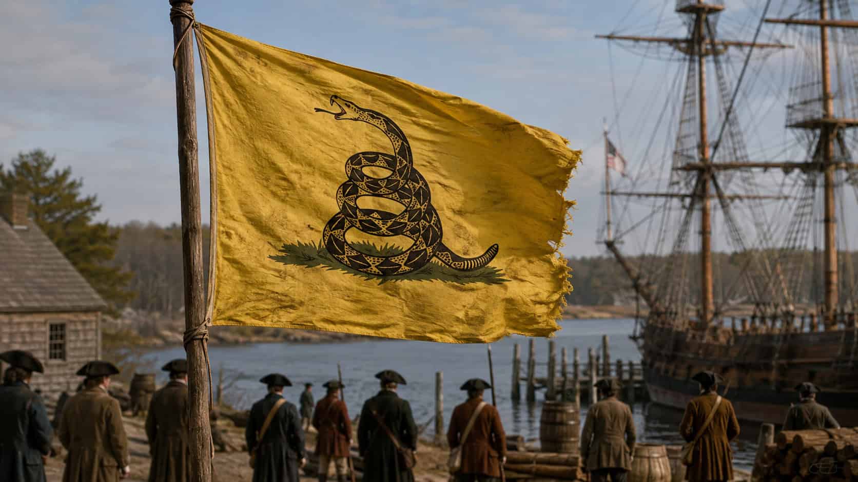 Historic-style yellow Gadsden flag with a coiled rattlesnake displayed in a Revolutionary-era American setting.