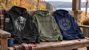 Three fall-ready patriotic hoodies arranged for casual autumn layering