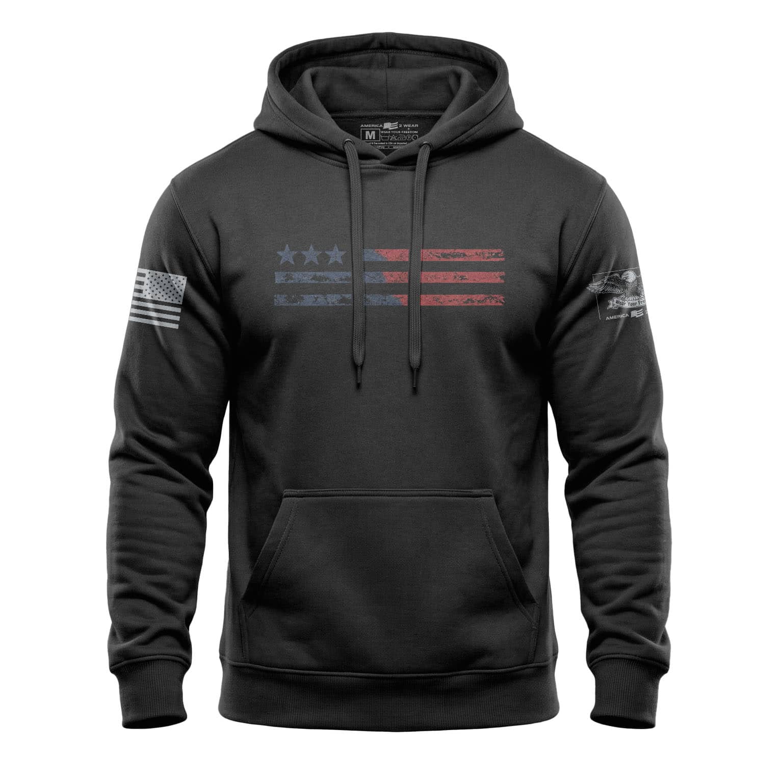 Black hoodie with American flag and patriotic design for men.