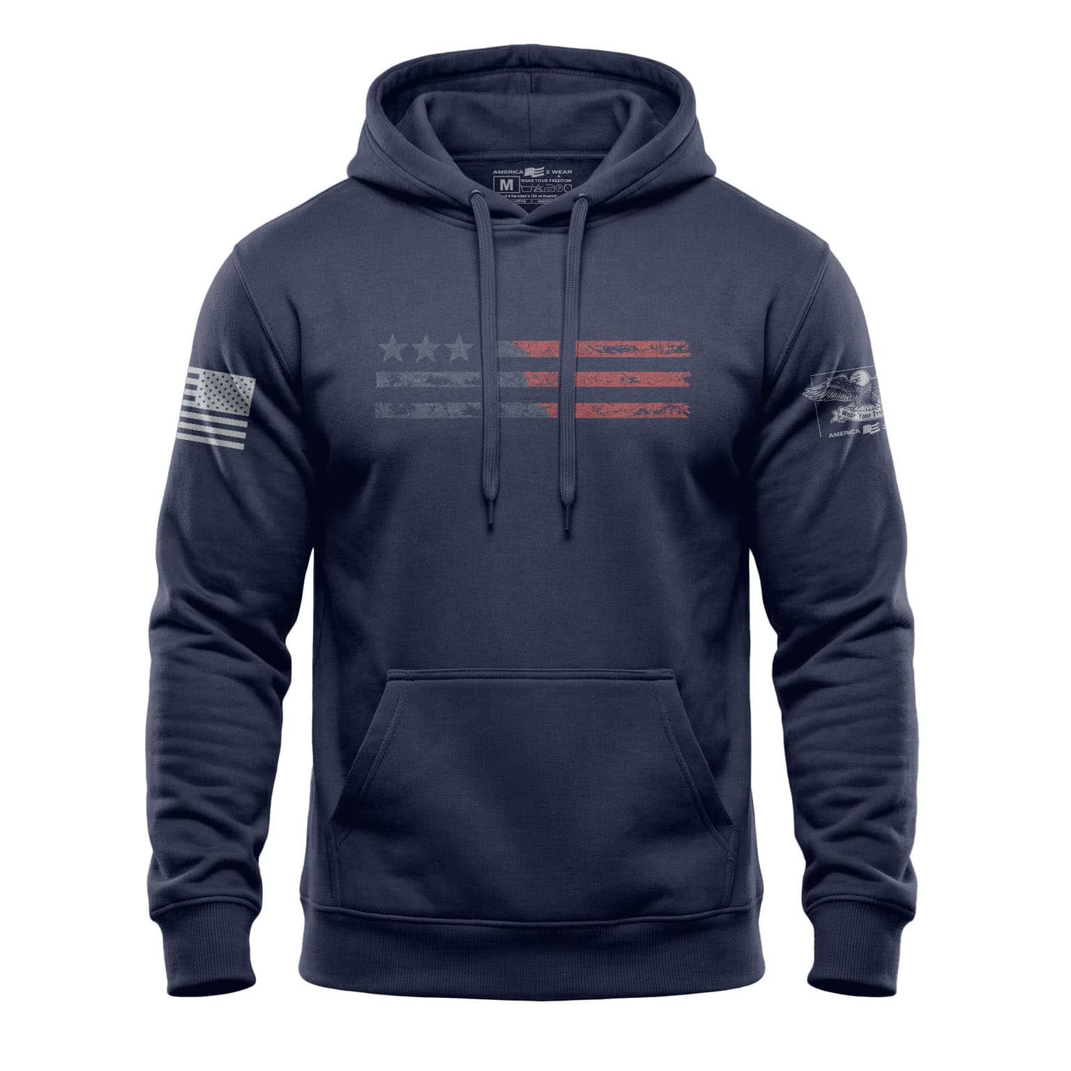 Navy blue hoodie with American flag and patriotic design details.