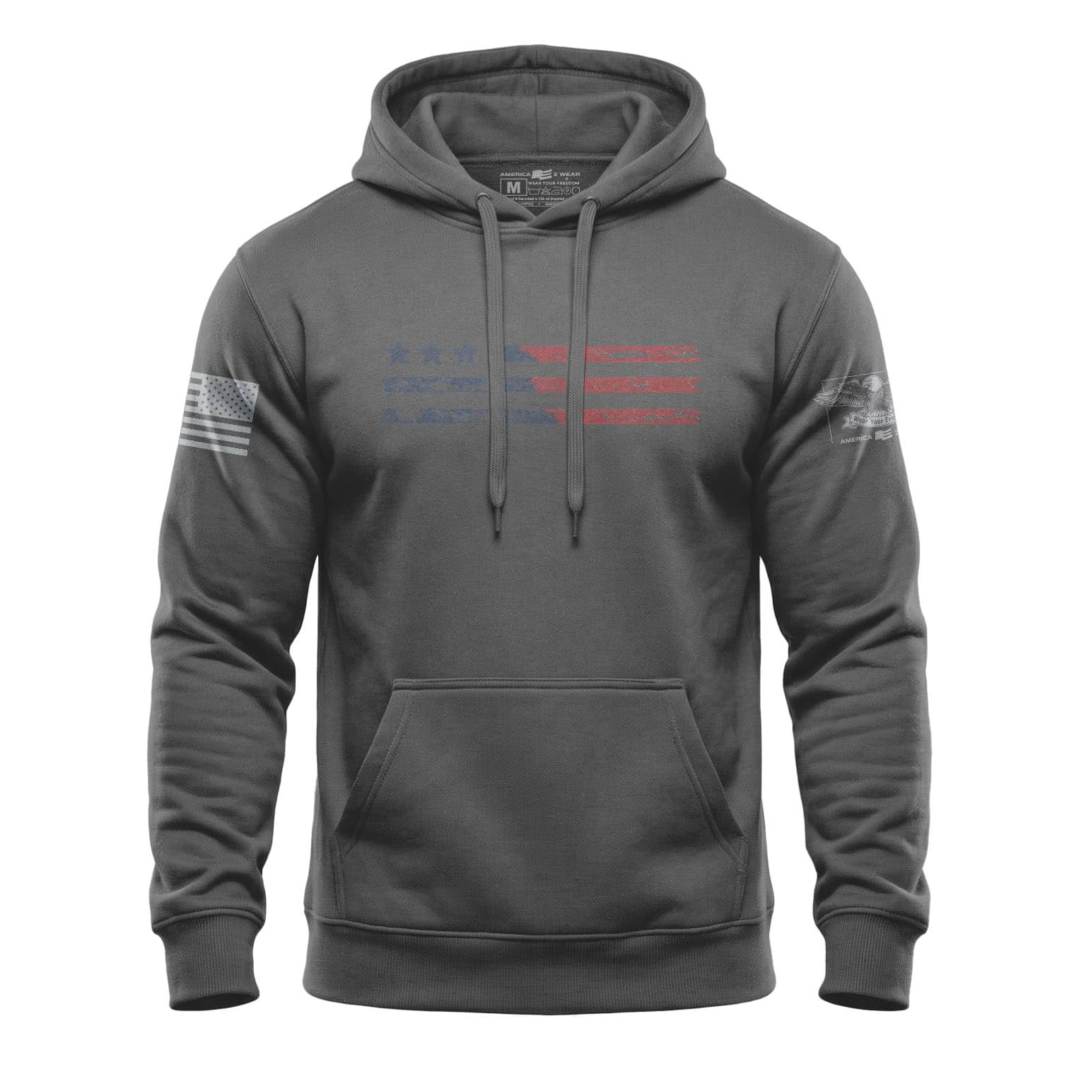 Gray hoodie with American flag design on chest and sleeves for patriotic style.