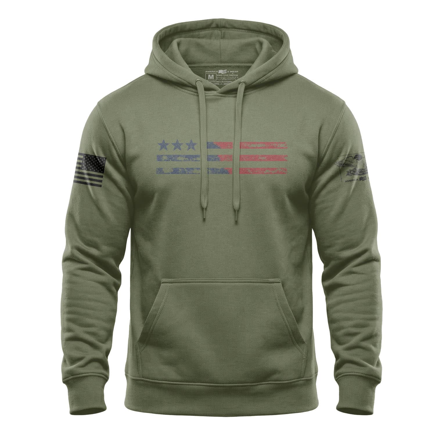 Green hoodie with American flag design and patches on sleeves.