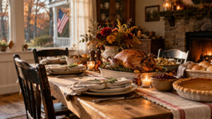Family members of different generations sharing a Thanksgiving meal around a dining table.