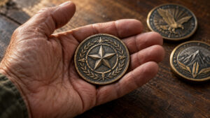 Close-up of a military challenge coin held in a person's hand.