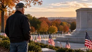 Veteran standing respectfully near a military memorial with American flags and autumn surroundings